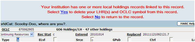 Your institution has one or more local holdings records linked to this record. Select Yes to delete your LHR(s) and OCLC symbol from this record. Select No to return to the record.