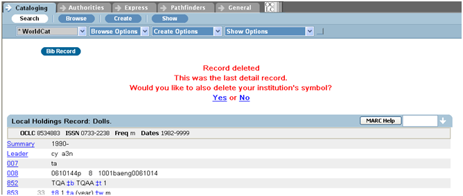 Record deleted. This was the last detail record. Would you like to also delete your institution's symbol? Yes or No
